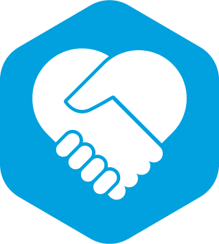 white holding hands icon in a blue hexagon