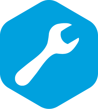 white spanner icon in a blue hexagon
