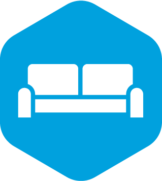 white sofa icon on a blue hexagon