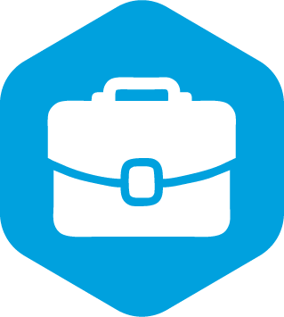 white briefcase icon in a blue hexagon