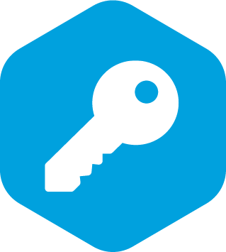 white key icon in a blue hexagon