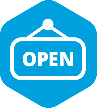 white open sign icon in a blue hexagon